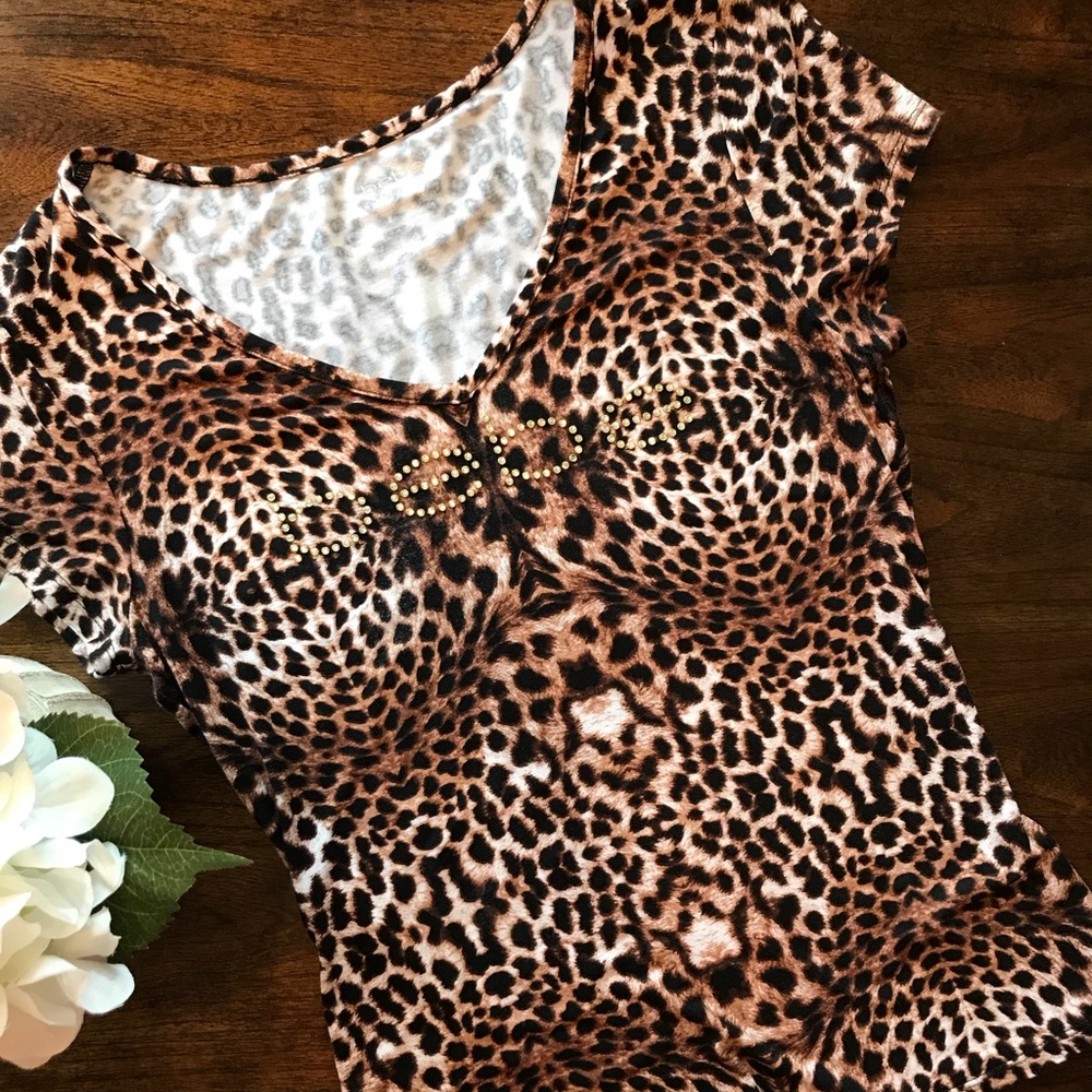 Bebe Leopard Print And Rhinestone Shirt